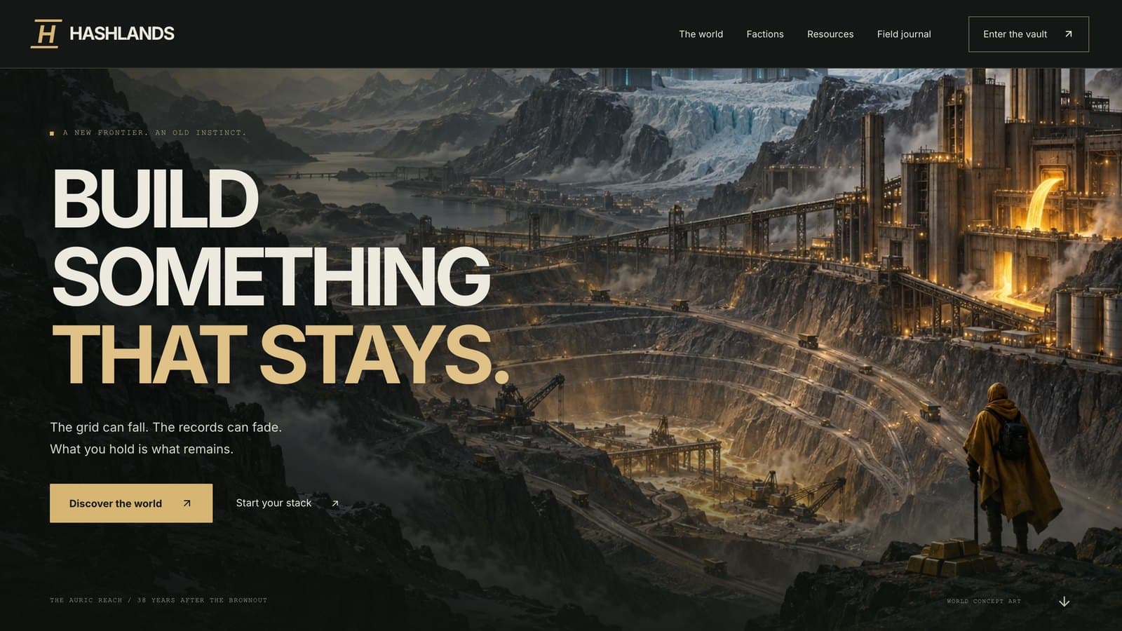The Hashlands homepage — a mining canyon under an industrial refinery