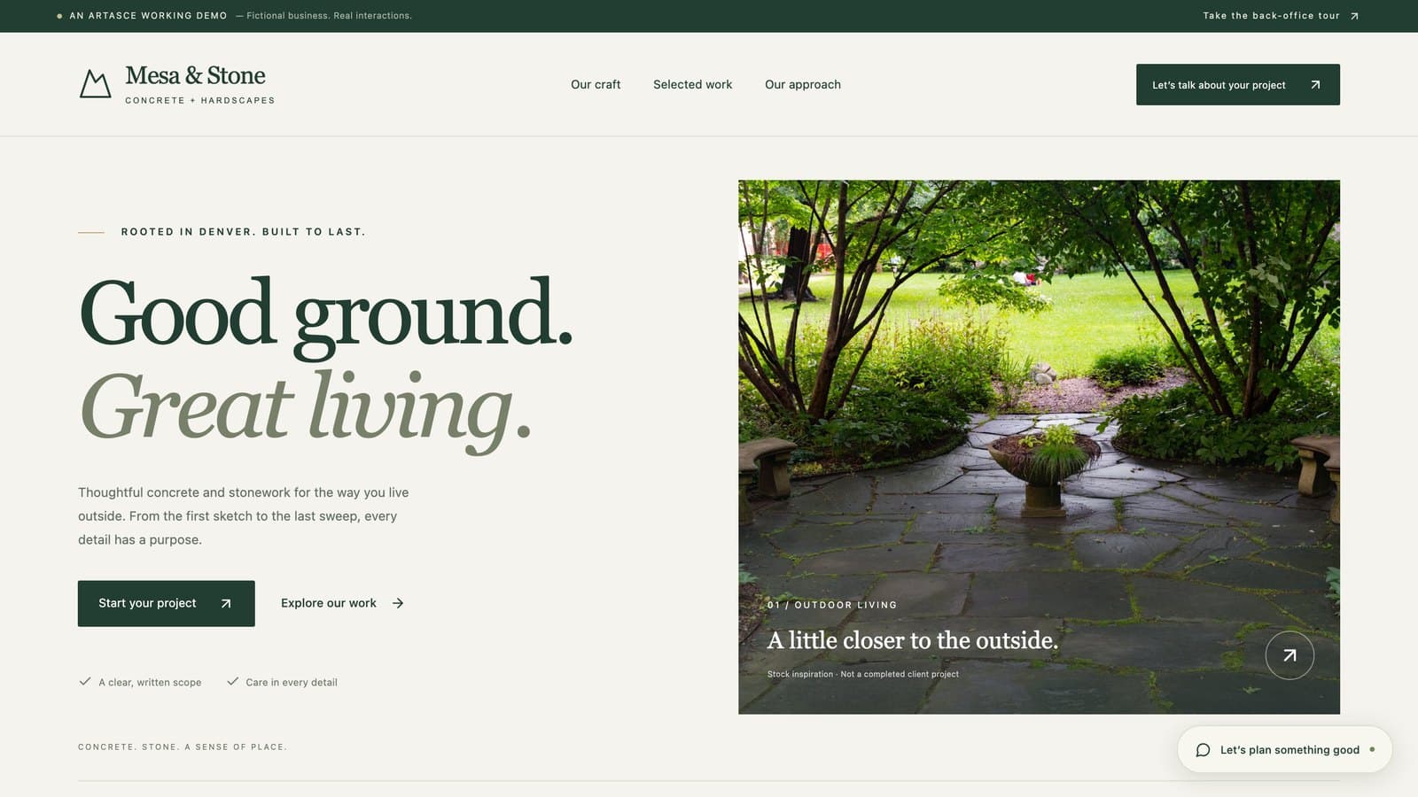 The Mesa & Stone homepage — a stone patio under trees