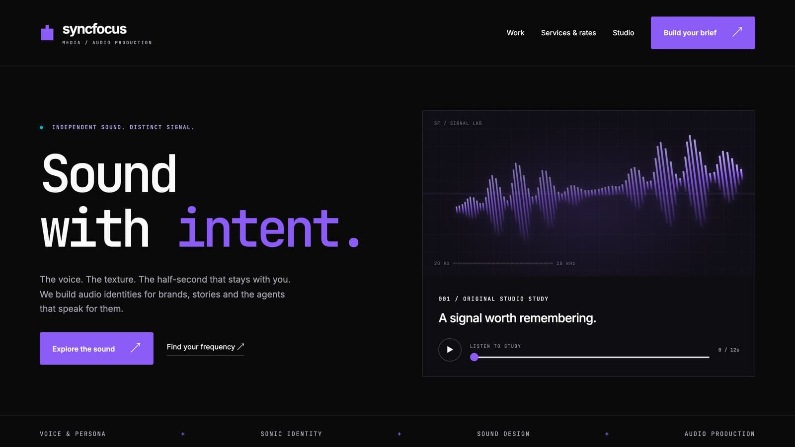The SyncFocus Media homepage — Sound with intent, beside a waveform player